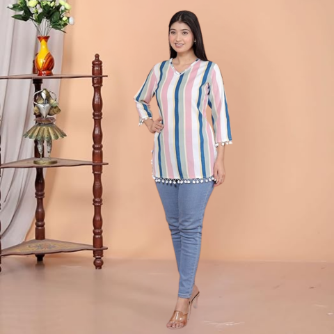 Printed Straight A line 3/4th Sleeves Kurti Perfect for Casual, Formal, and Ethnic Wear (White Pink)